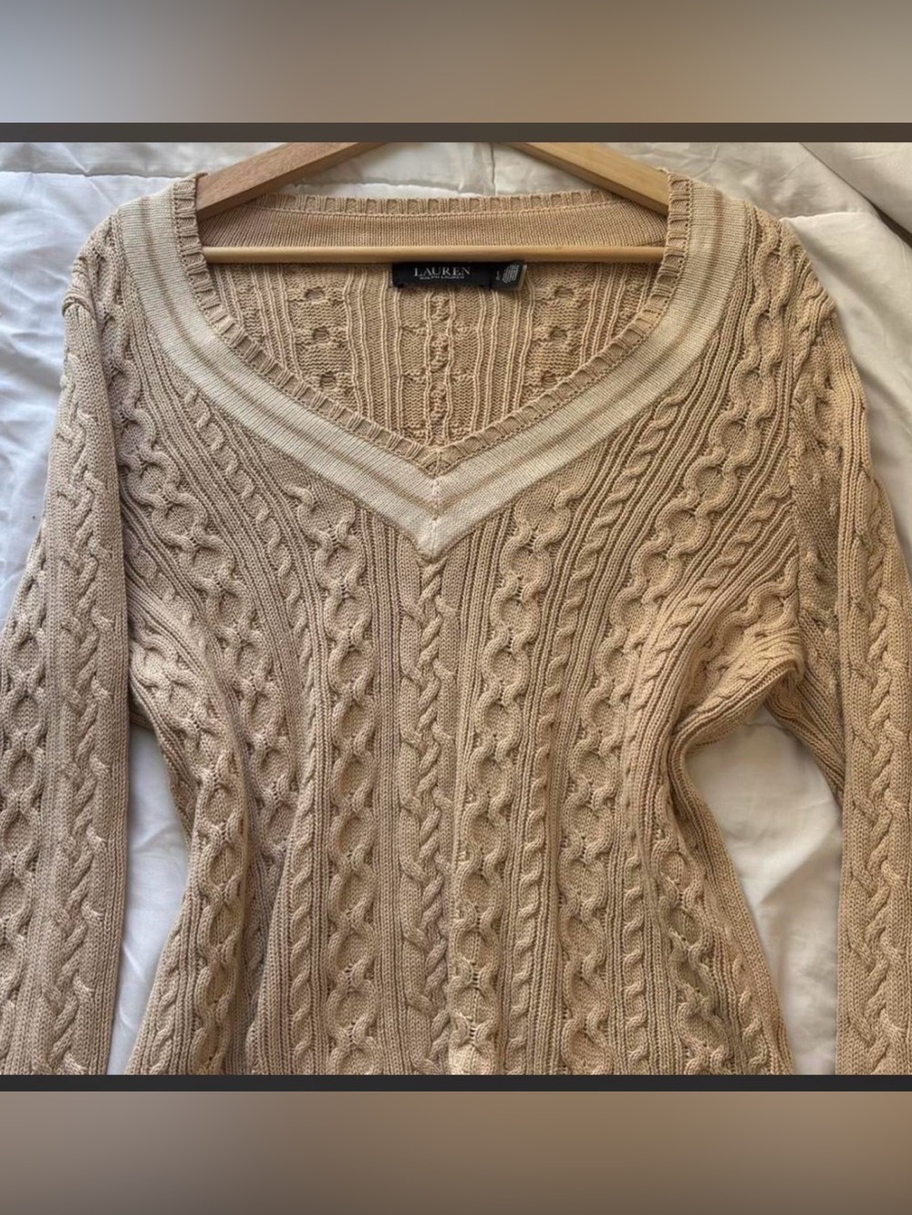 Lauren Ralph Lauren Beige Cable-Knit V-Neck Sweater